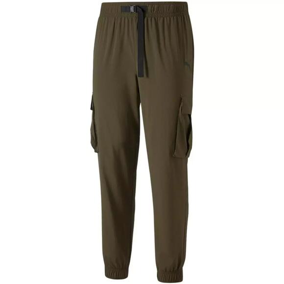 Puma Olive Green Woven Belted Activewear Training Men's Jogger Pants Size L - Picture 1 of 12